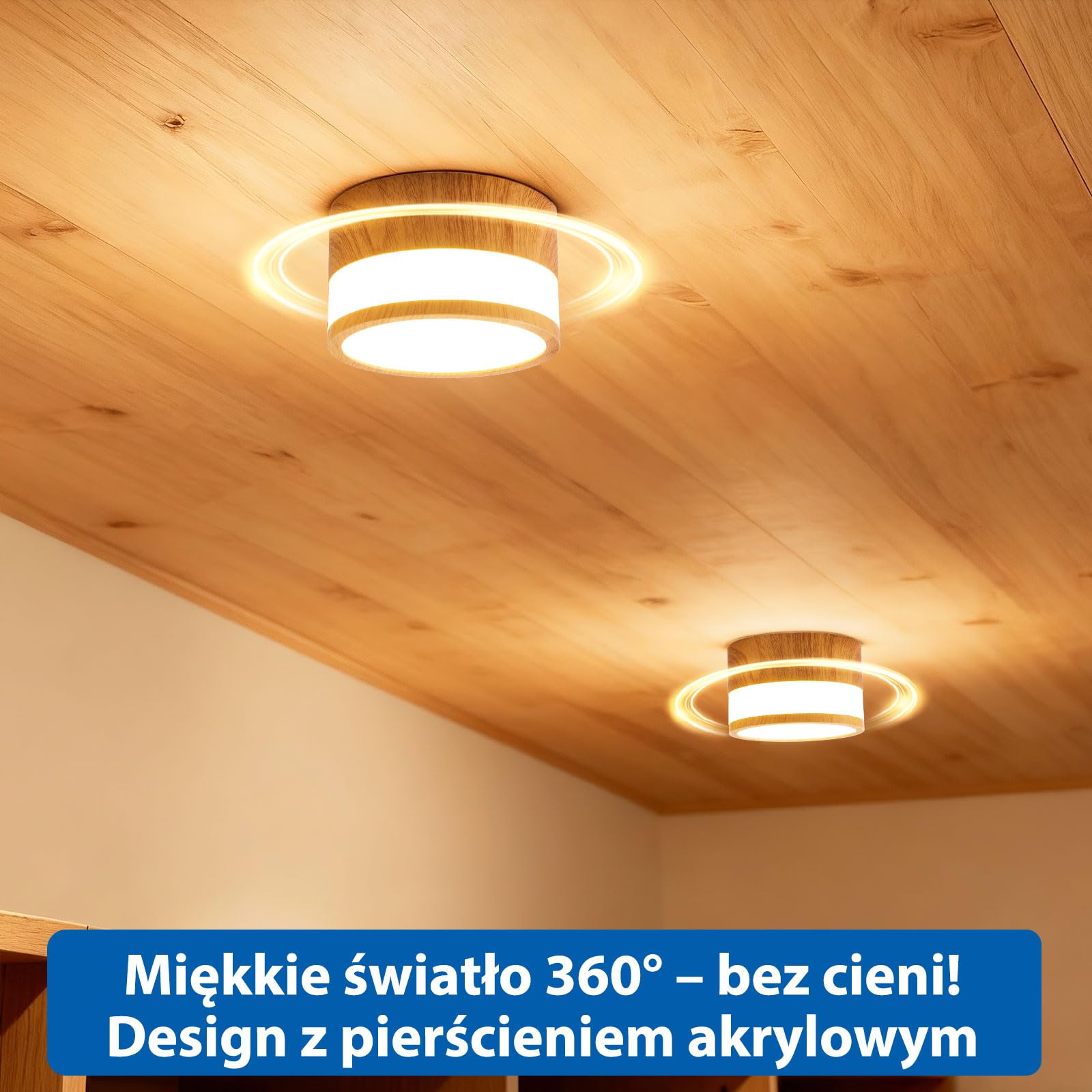 4 szt Reflektor Natynkowy w Stylu Drewna IP44 Wodoodporna, Do Łazienki, Kuchni, Salonu i Holu, LED Ciepła Biel 3000K, 12W 1100LM, Oświetlenie 230V dla Pomieszczeń Wilgotnych