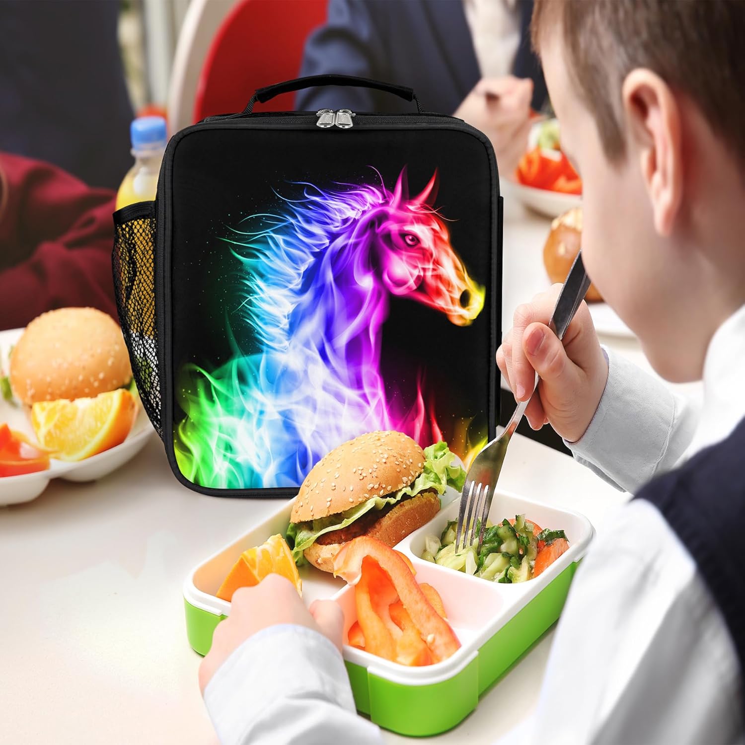 Insulated Lunch Box for Boys Girls, Reusable Lunch Bags with Adjustable Shoulder Strap and Water Bottle Holder for Kids Adult, Baseball Lunch Tote Bag for Office Work School (Horse)