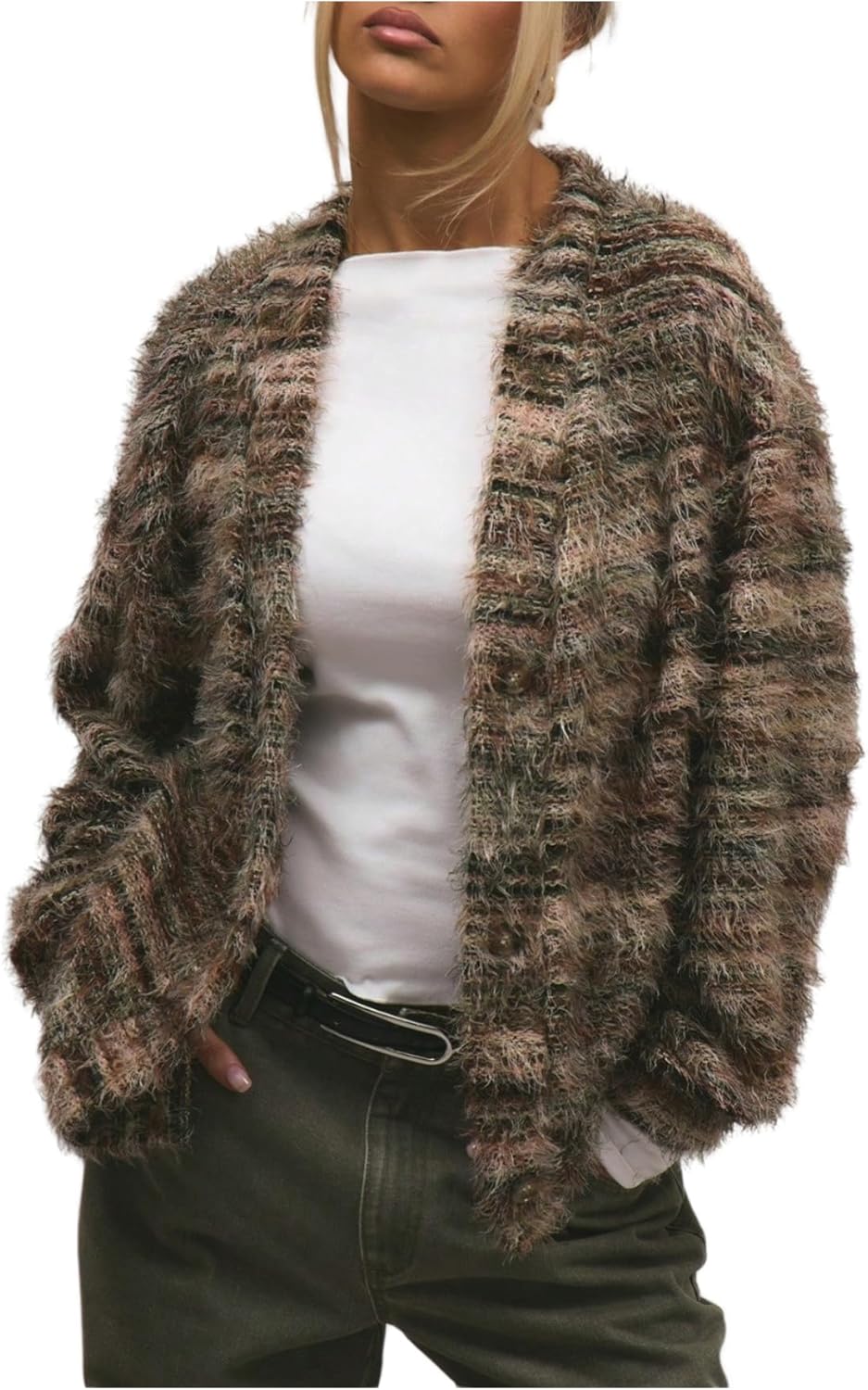 Women's Striped Cardigan Sweater Y2k Fuzzy Cardigans Button Up V Neck Fuzzy Knit Sweater Fall Outfit