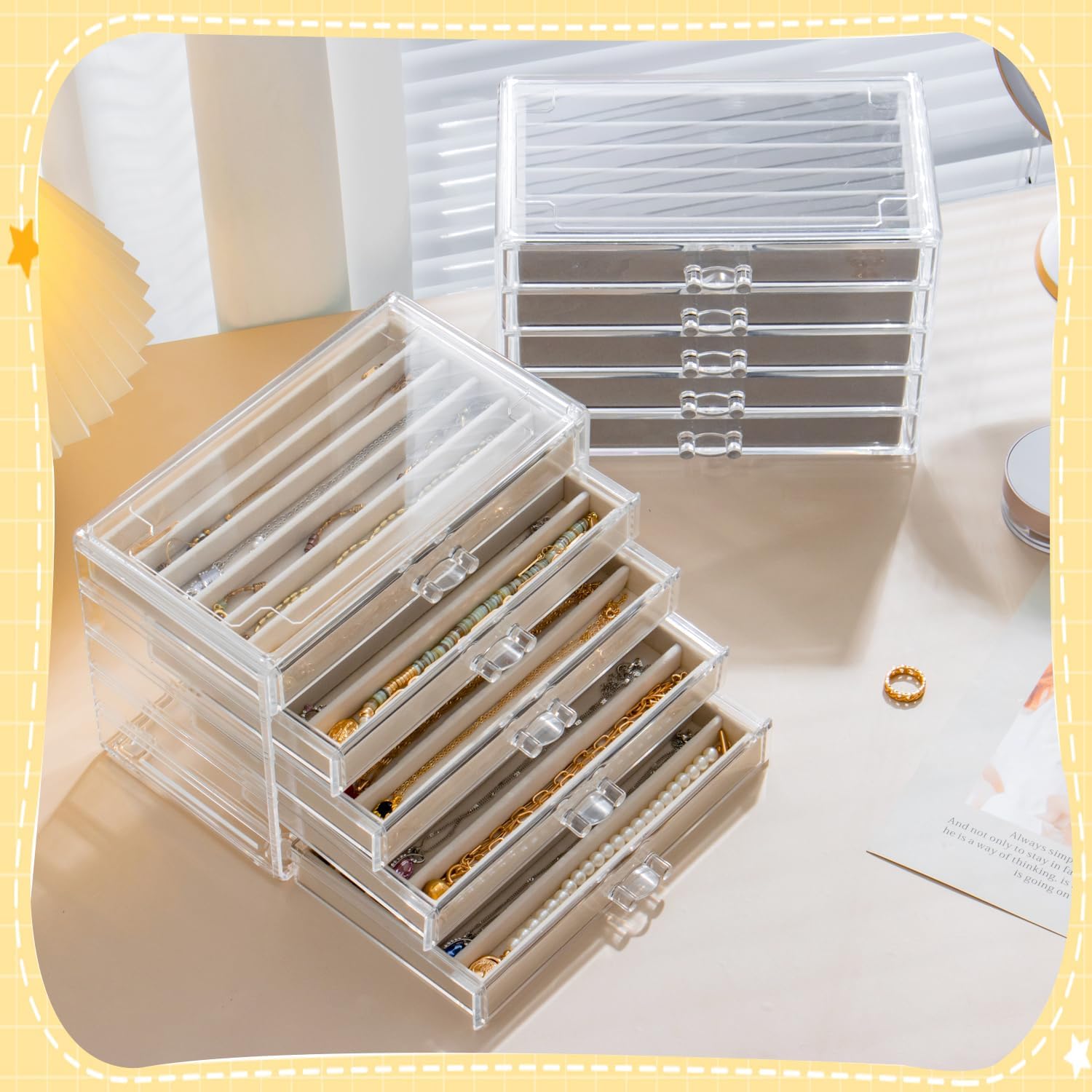 Necklace Organizer Box with 5 Drawers 30 Compartments, Dustproof Velvet Necklace Display Tray, Acrylic Necklaces Display Case, Pendant Chains Necklace Storage Tray Gift for Women and Girls (Beige) - Image 6