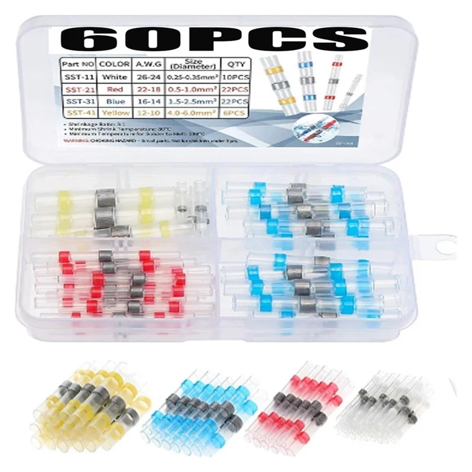 ZDVHOMCB 60pcs Solder Heat Shrink Terminals Connector Cable Butt Crimp Connector for Electrical