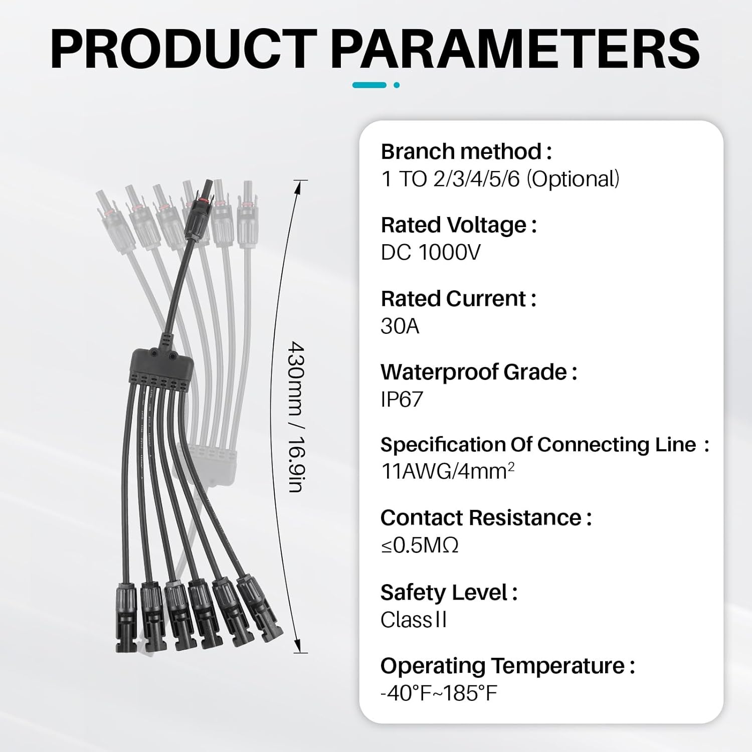 Solar Panel Connector 6 to 1 Y Branch Parallel Adapter, 30A 1000V 10AWG Tool-Free IP67 Waterproof Cable for Solar Panels (Y Branch, 6to1(1Pairs))