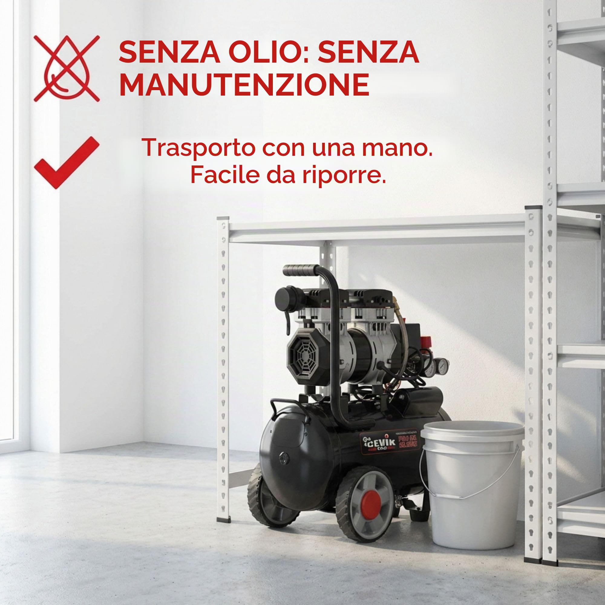 CEVIK PRO CA-PRO25SILENC Compressore Aria Silenzioso 25L 1.5HP 150 l/min 8 Bar Senza Olio Portatile Doppia Uscita
