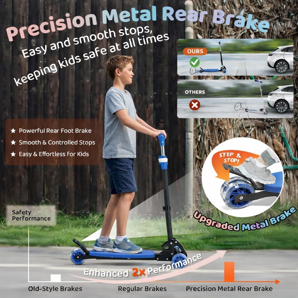 Kick Scooters for Kids 5-7 8-12,Lean to Steer,Three Wheeled Light Up,28"-32" Adjustable Handlebar,Widen Anti-Slip Deck,Floor Push Scooter for Boys Girls Ages 6-12 3-4 Old,Foldable for Travel