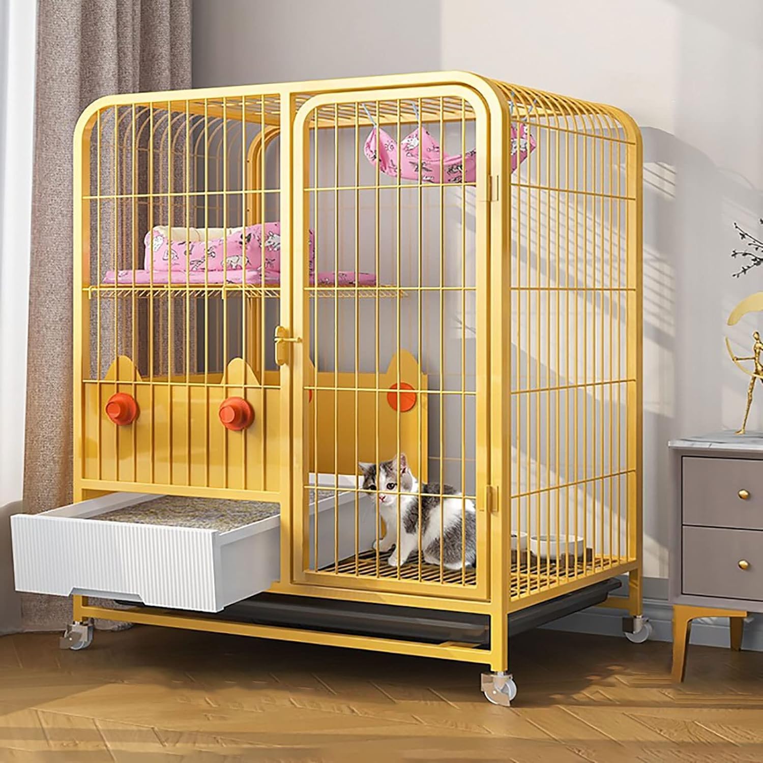 asdchZen Cat House Indoor Cat Cage With Litter Box - Large Cat Cages Cat Crate Cat Playpen With Wheels Metal Kitten Cage,White/Yellow For Cat And Small Animals,Yellow-78x55x85cm