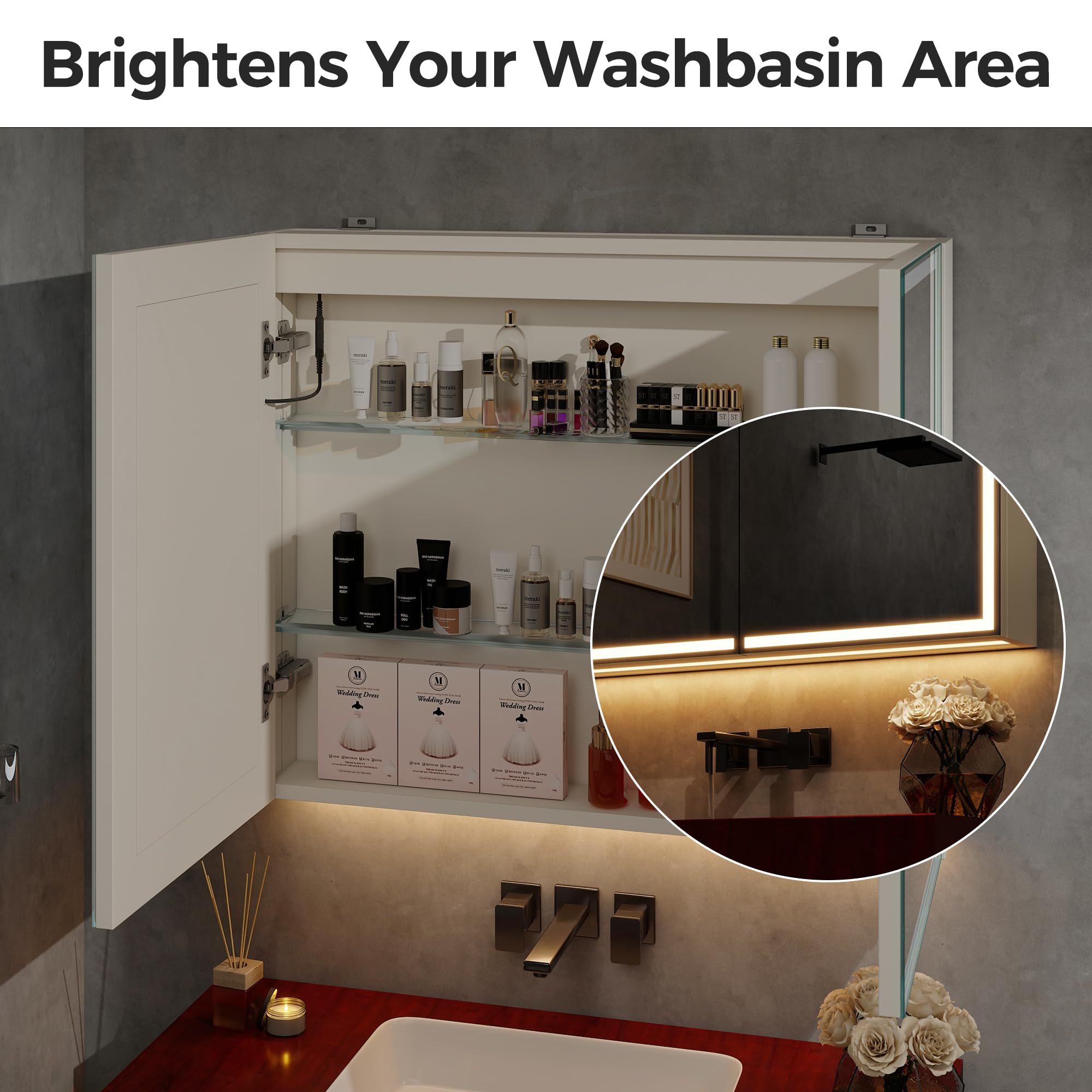 STARLEAD Armario con Espejo LED para Cuarto de baño, 60 x 80 cm, Color Crema y Blanco, Armario con Espejo de baño con iluminación y antivaho, Armario Colgante de Aluminio, Color de luz Regulable