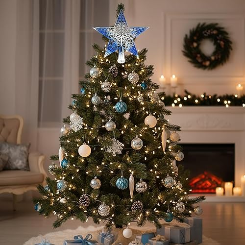 Miniatura 2 de BinaryABC Estrella para árbol de Navidad, adornos colgantes para árbol de Navidad, purpurina hueca (azul plateado)