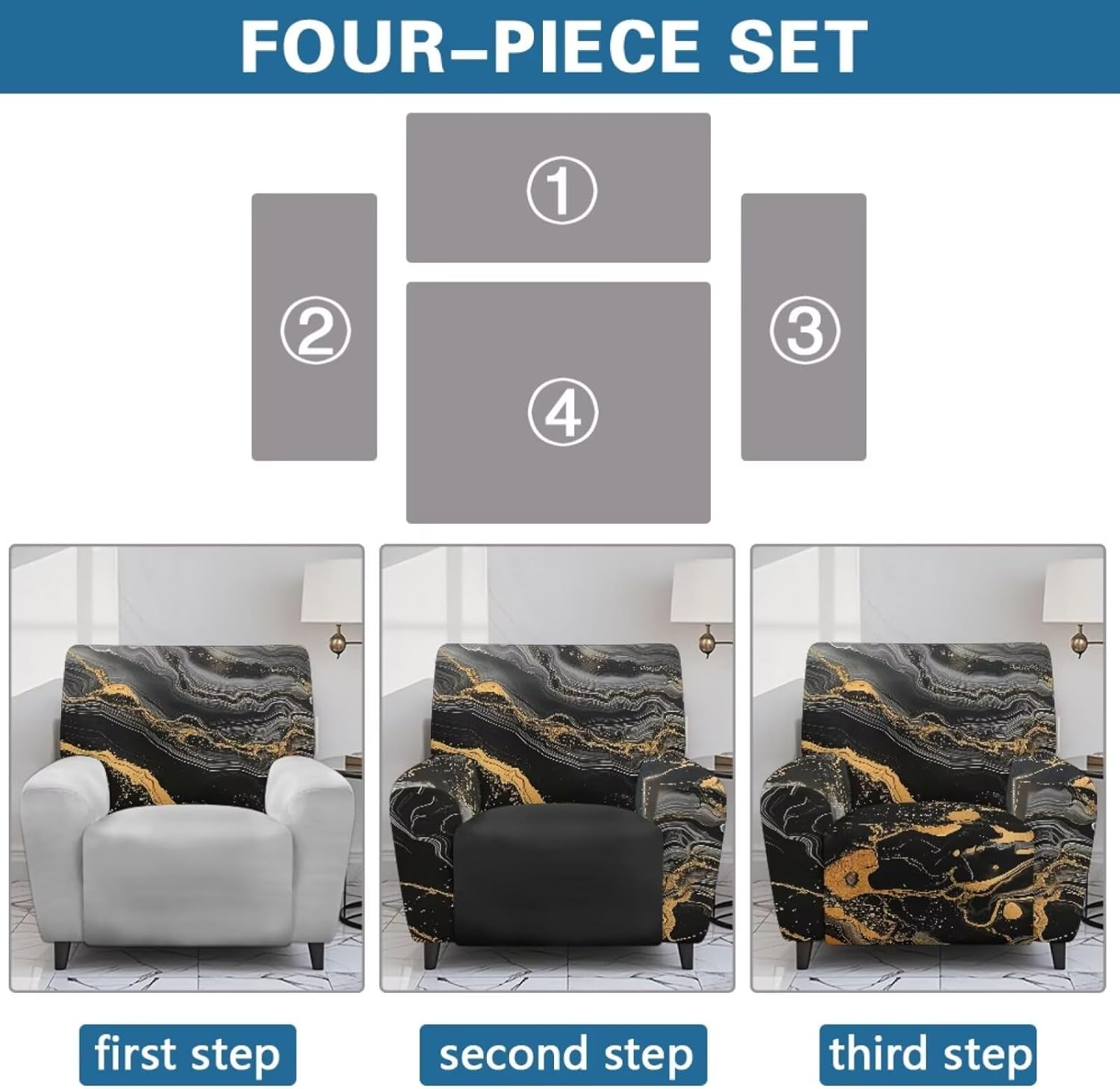 Marble Print Reclining Slipcover for Large Recliner Chair, Anti Slip Single Seat Sofa Protector with Storage Pocket, 4 Piece Set Recliner Chair Covers That Stay in Place