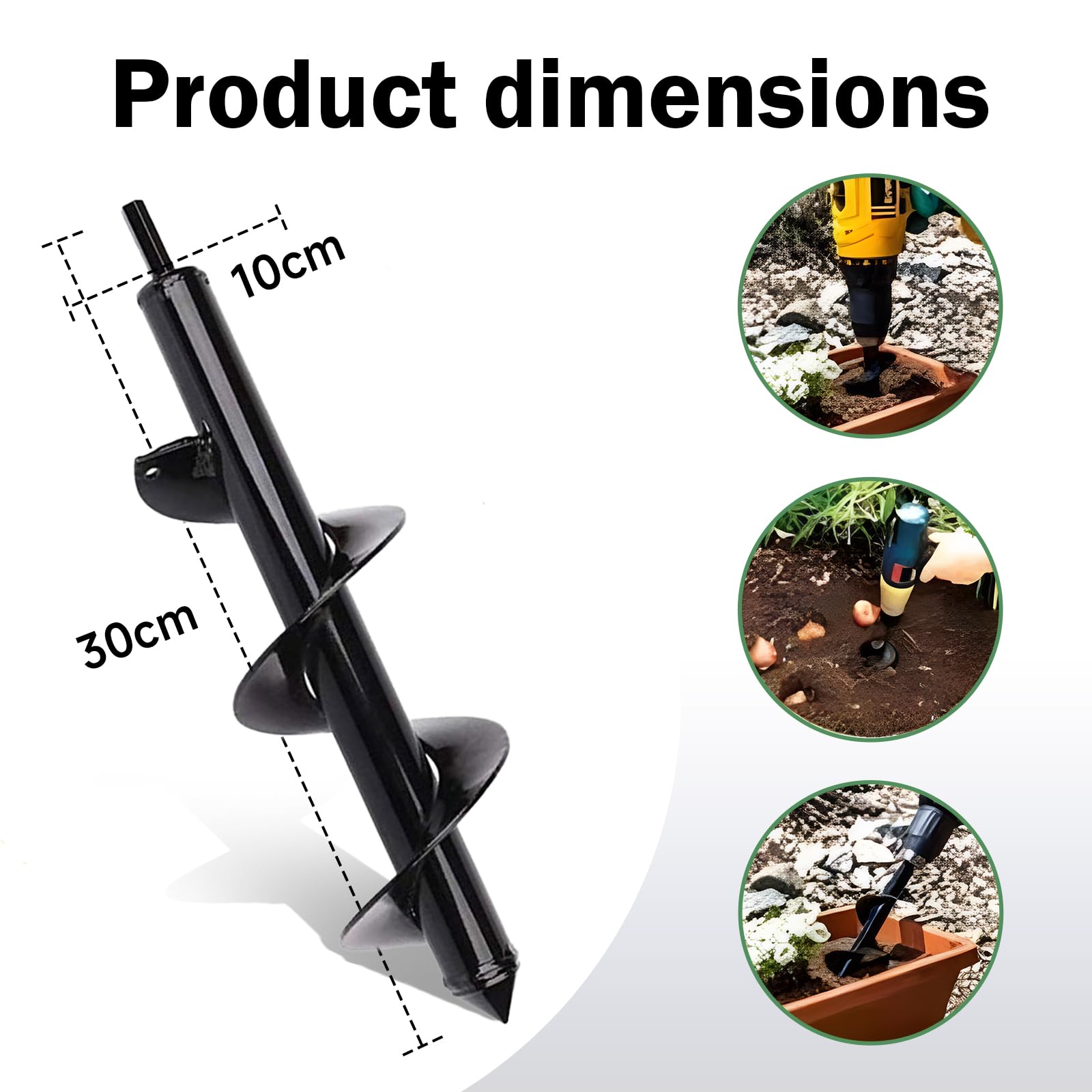 Erdbohrer für Akkuschrauber 10x30cm, Gartenbohrer mit Sechskant-Schaft für Bohrmaschine, Pflanzbohrer Spiralbohrer Grabungswerkzeug für Blumenzwiebeln, Pflanzen, Sträucher, A3-Stahl Schwarz