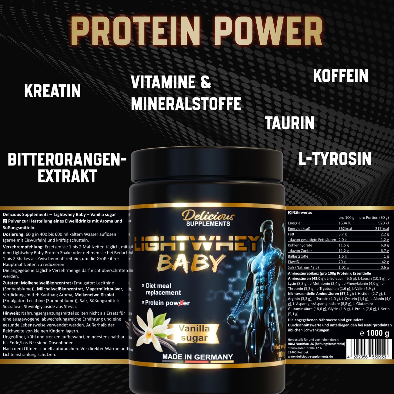 Lightwhey Baby - Whey Protein Pulver Vanilla Sugar - 2 kg Eiweißpulver für Diät, Muskelaufbau & für den Alltag, Mahlzeitersatz als Shake mit Wasser oder Milch - Delicious Supplements - Made in Germany