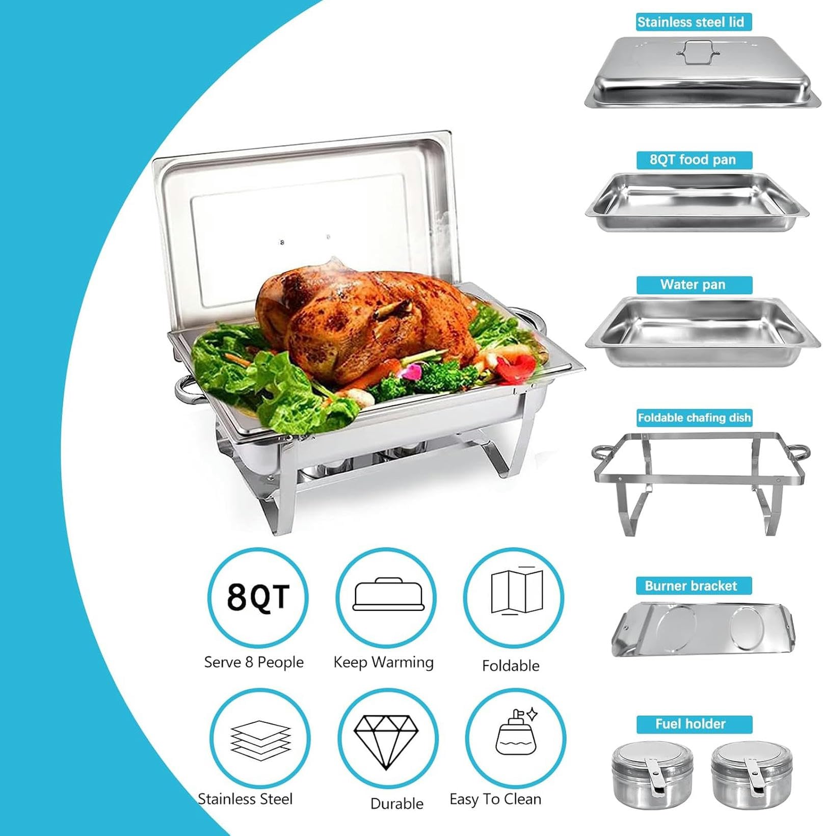 Warmhaltebehälter Mit Behältern, Brennpaste, 9-Liter-Set, Rechteckiger Edelstahl-Buffetwärmer, 8Er-Pack, Für Buffets, Caterings, Partys, Warmhalteplatte
