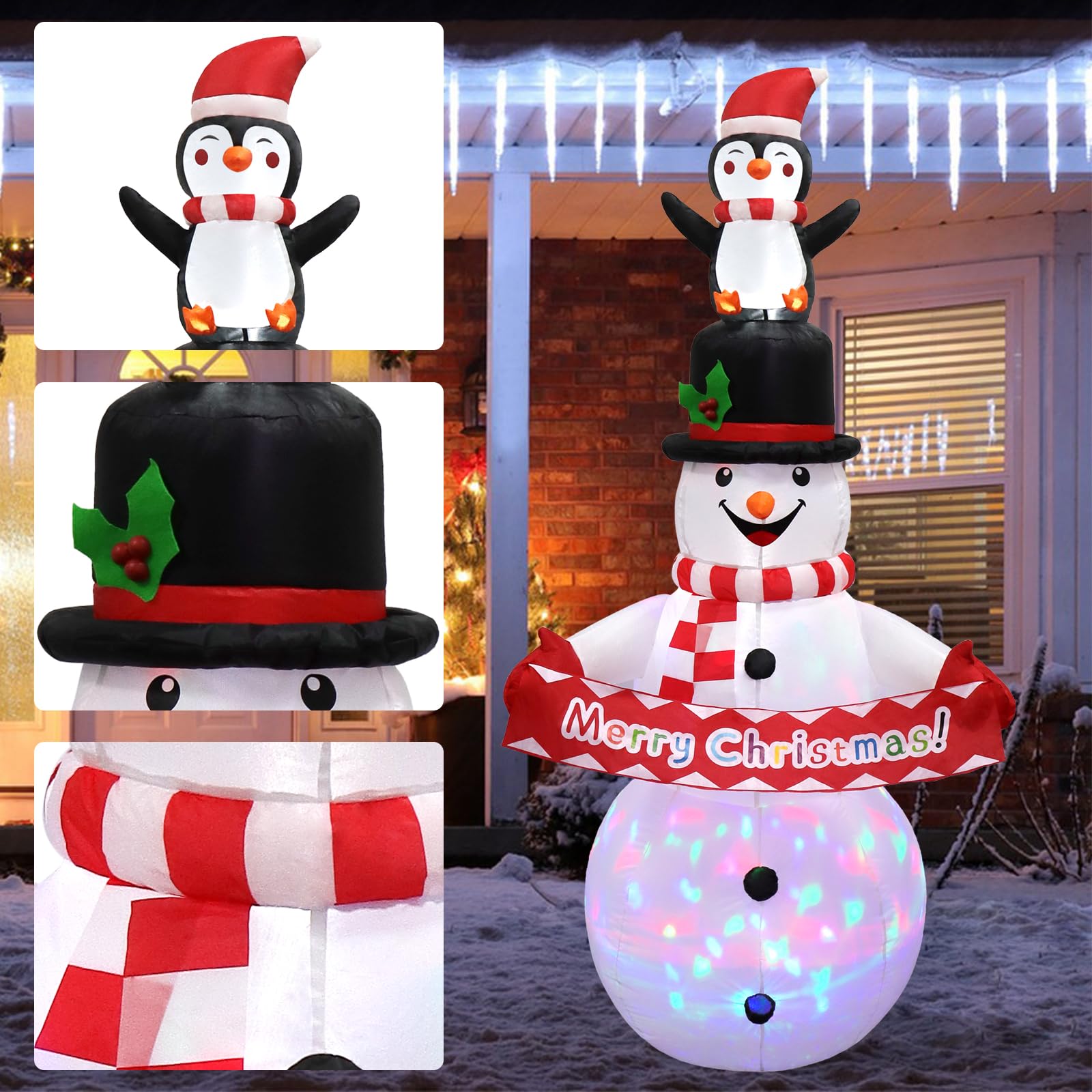 LOMOHOO Aufblasbarer Schneemann-Dekoration, aufblasbarer Schneemann-Pinguine mit eingebauten rotierenden bunten LED-Lichtern, Outdoor-Weihnachtsdekoration für Hof, Garten, Rasen, Veranda, Urlaub
