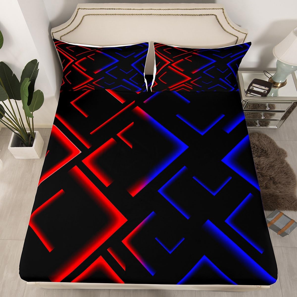 jejeloiu Red Blue Striped Bed Sheets Set Kids Twin Size Geometric Abstract Ombre Bedding Set for Boys Girls Teens Modern Simple Fashion Art Fitted Sheet Room Decor