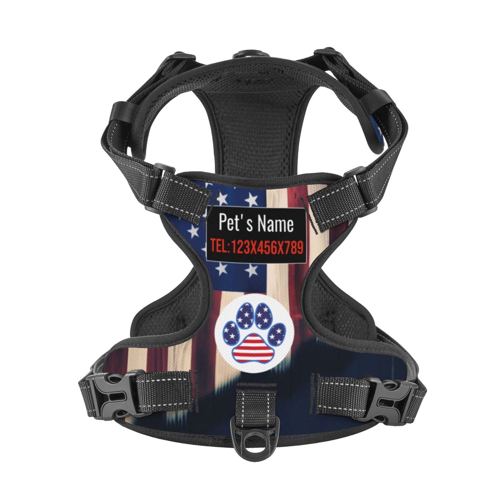Custom No Pull Dog Harness, Personalized American Flag Love Dog Paw Dog Vest with Pet Name Phone Number, Customized Adjustable Reflective Pet Harness