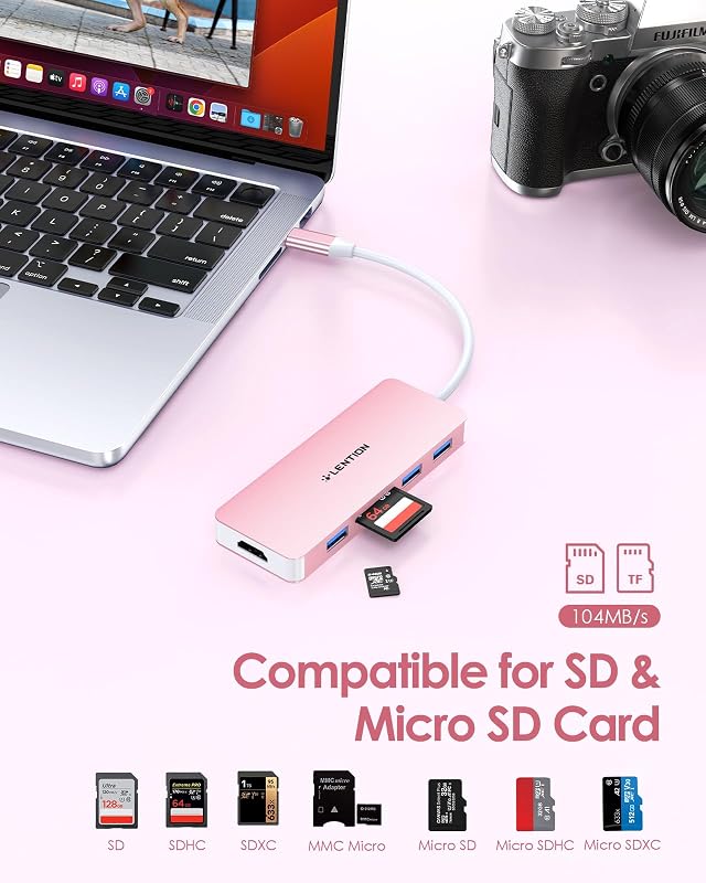 LENTION USB C Hub 6 az 1-ben - 4K HDMI, 3 USB 3.0, SD/TF Kártyaolvasó - MacBook Pro/Air, iPad Pro, Surface Kompatibilis Adapter Rózsaarany