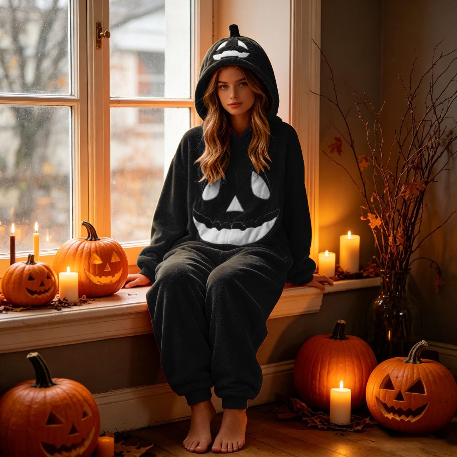 Generisch Pigiama intero in peluche per Halloween, unisex, oversize, con cappuccio, per cosplay, pigiama da notte morbido e caldo, tuta casual per uomo e donna