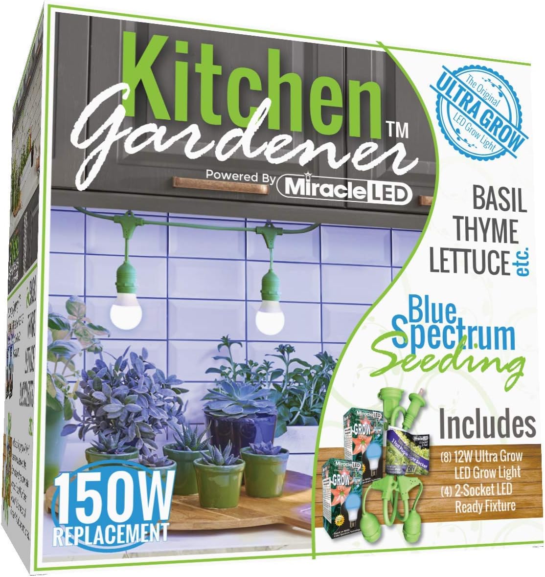 Miracle LED Kitchen Gardener 2-Socket LED Grow Light Bulb Kit with Blue Spectrum Starting Ultra Grow Bulbs Replacing 150W and 3' Fixture (2-Pack - 2 Fixtures, 4 Bulbs), 601878