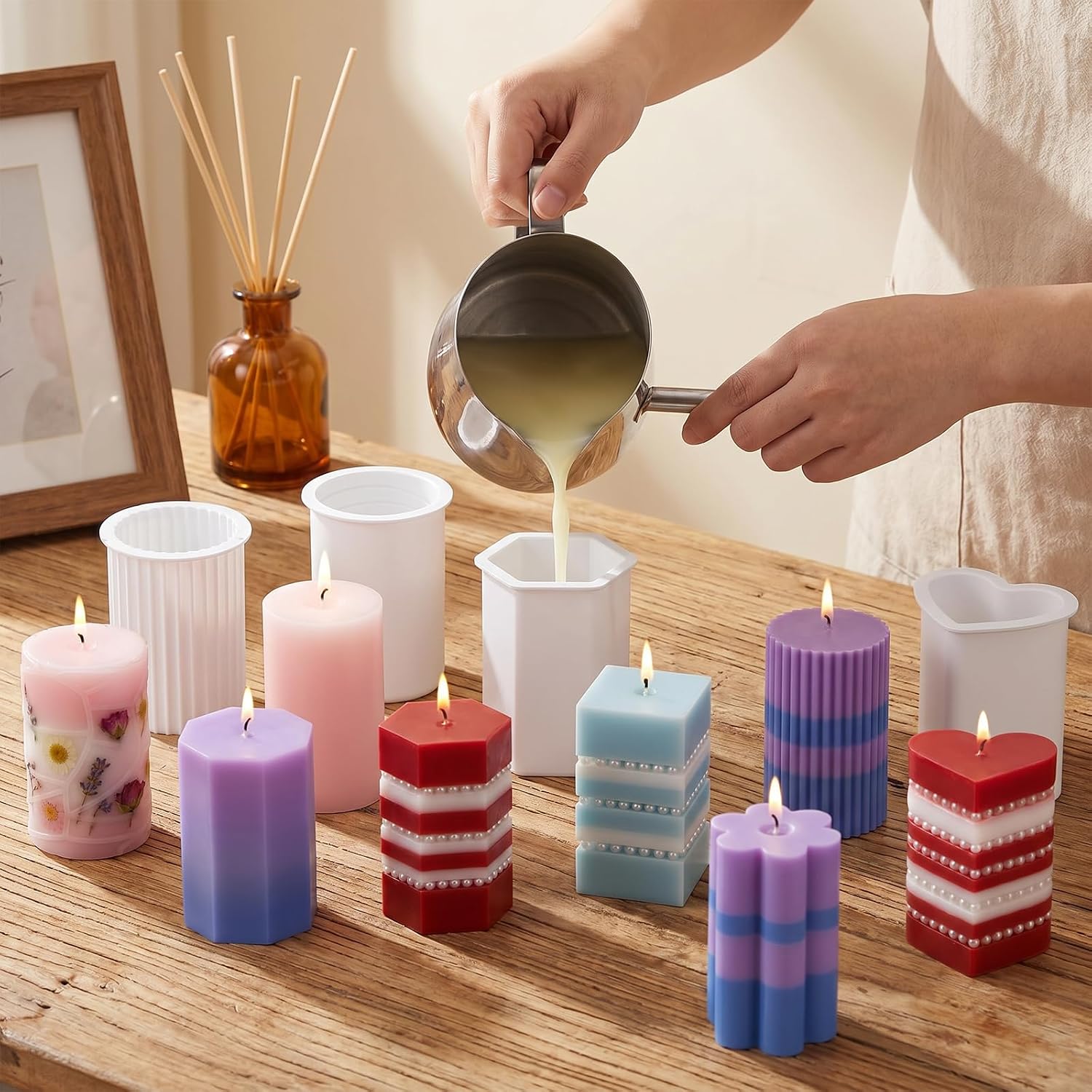 Candle Molds for Candle Making Silicone Molds for Candles Hexagon Rectangle Cylinder Heart Octagon Flower Shapes Candles Making Mold for DIY Crafts Holiday Gifts Home Decoration