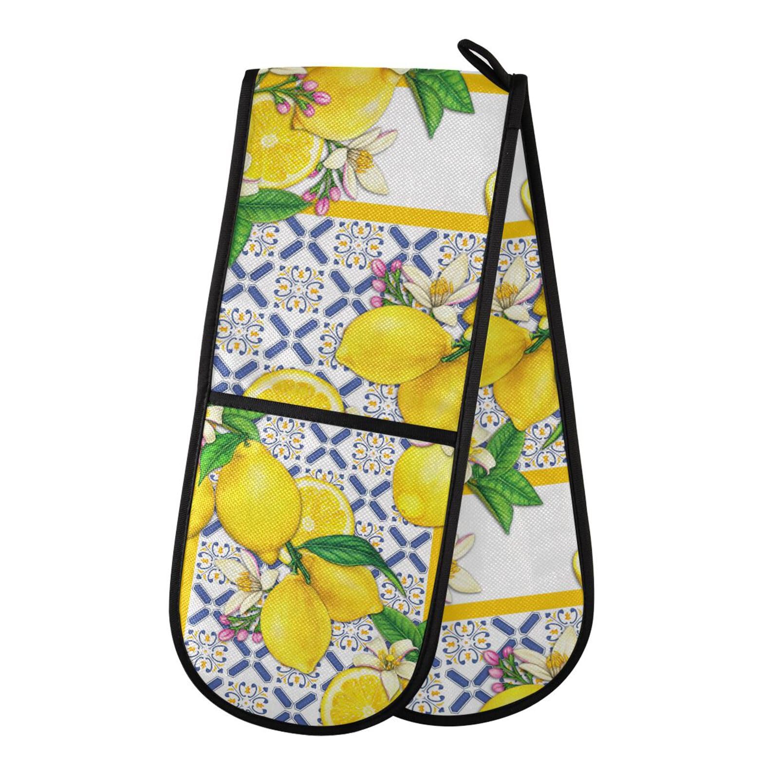 Oven Gloves Double Oven Gloves Mediterrraean Lemon and Tiles Oven Mitts Pot Holder Heat Resistant Quilted for BBQ Baking Kitchen Cooking Gloves