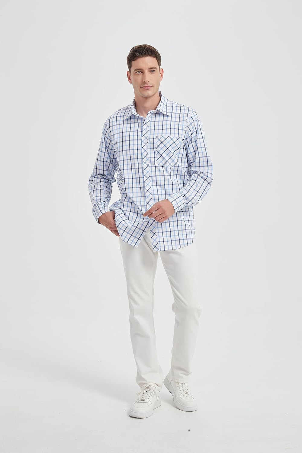 Men's Plaid Button Down Shirts Cotton Long Sleeve Dress Shirts Regular Fit Casual Shirts with Pocket - Image 3