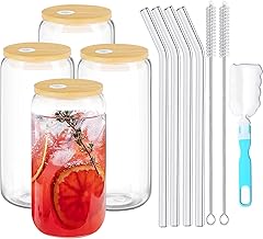 Aodse Drinking Glasses Cup with Bamboo Lids and Glass Straw 4pcs Set, 16oz Iced Coffee Can Shaped Glass Cups, Ideal Glass Tumble for Cocktail, Whiskey, Smoothie, Beer, Coffee Bar Accessories, Gift
