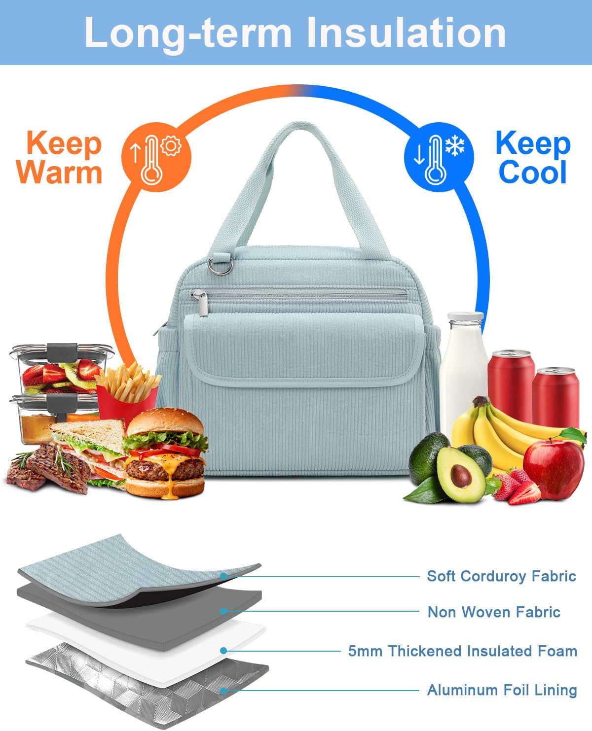 Lunch Box for Women Insulated Lunch Bag - Reusable Cute Corduroy Lunchbox - Lightweight Large Cooler Tote Bag with Multiple Pockets for Adult Work Office Picnic Camping Outdoor Travel 9L Blue