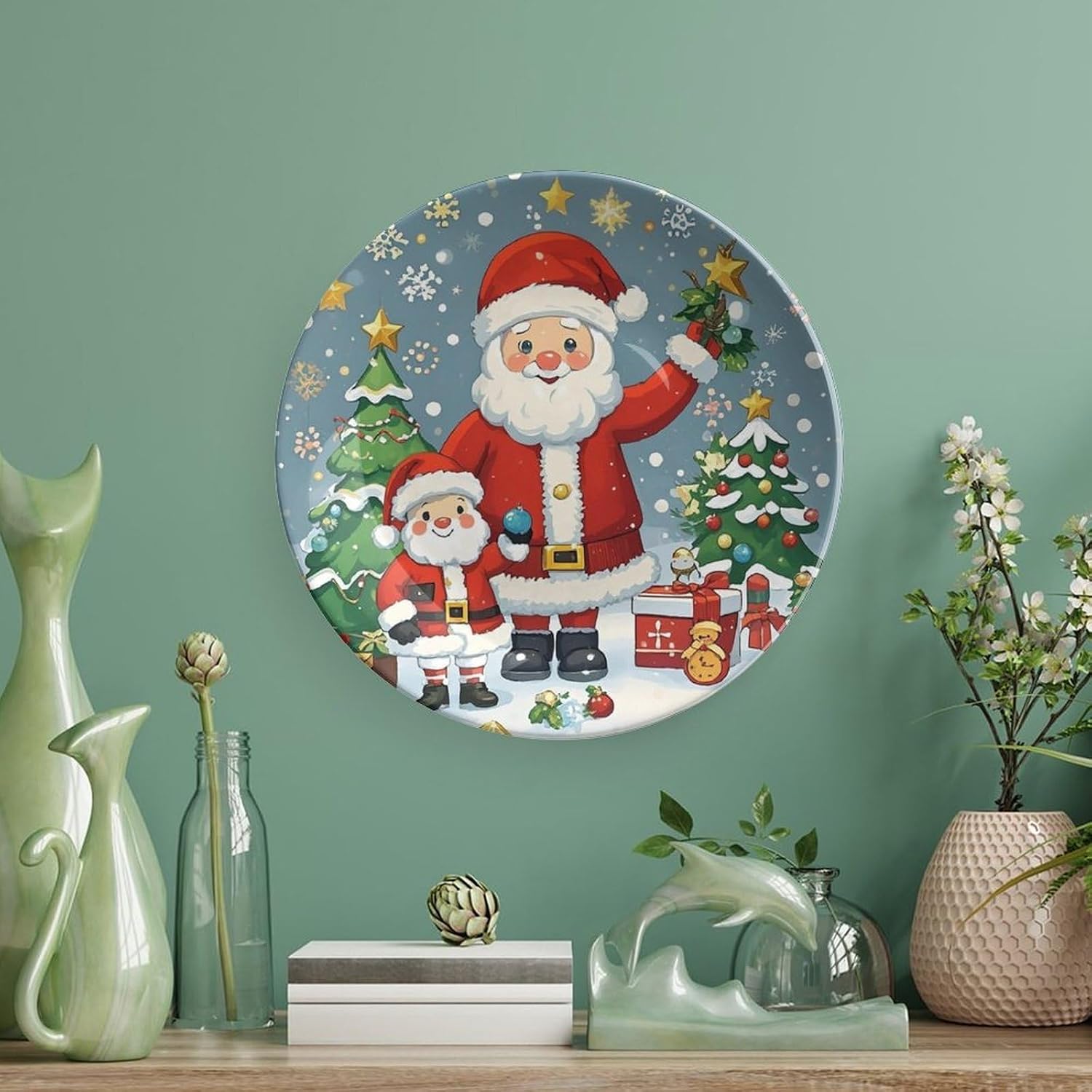 Bone China Decorative Plate with Stand Round Display Plate 6inch | Cute Christmas Holidays Decorative Dish Art Porcelain Plate Ceramic Decorative Plate for Home Office Wall Decor