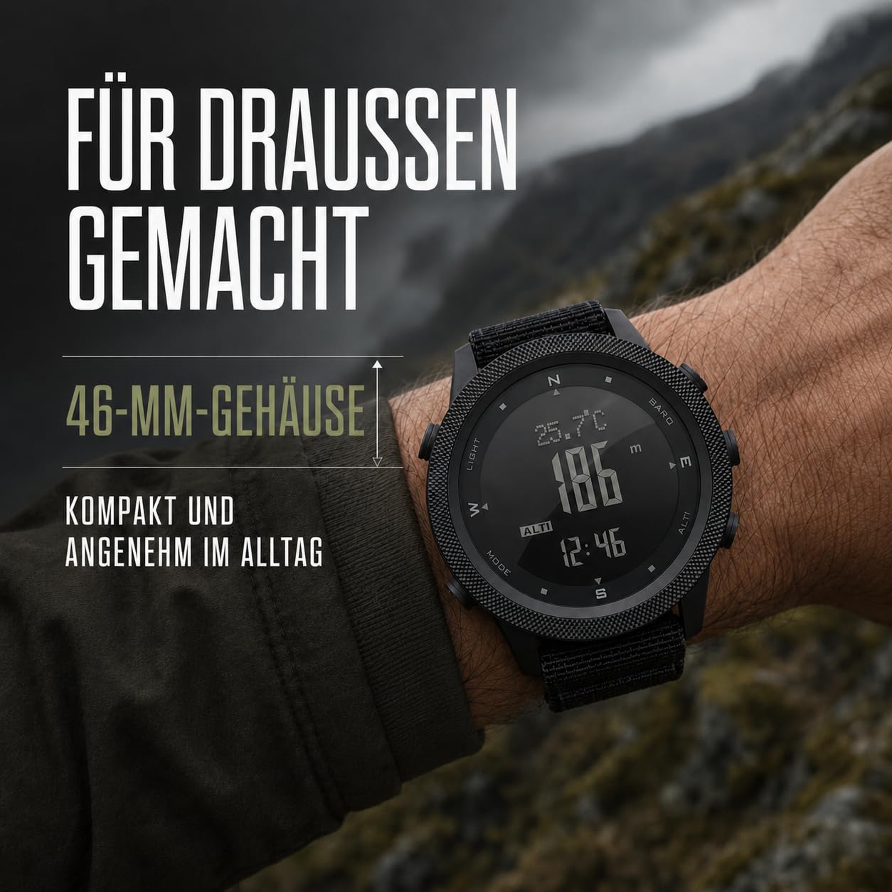 NORTH EDGE Apache Outdoor Digitaluhr Herren, 50M, Kompass | ABC-Outdooruhr, 50M wasserdicht, Höhenmesser, Barometer, Kompass, Schrittzähler, EL-Licht