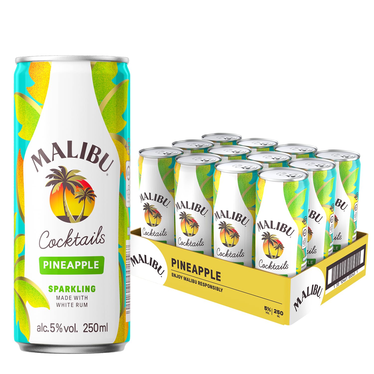 Malibu Sparkling Rum Cocktail - Coconut & Pineapple Flavour Pre-Mixed Cans - Refreshing Ready to Drink - Case of 12 x 250ml
