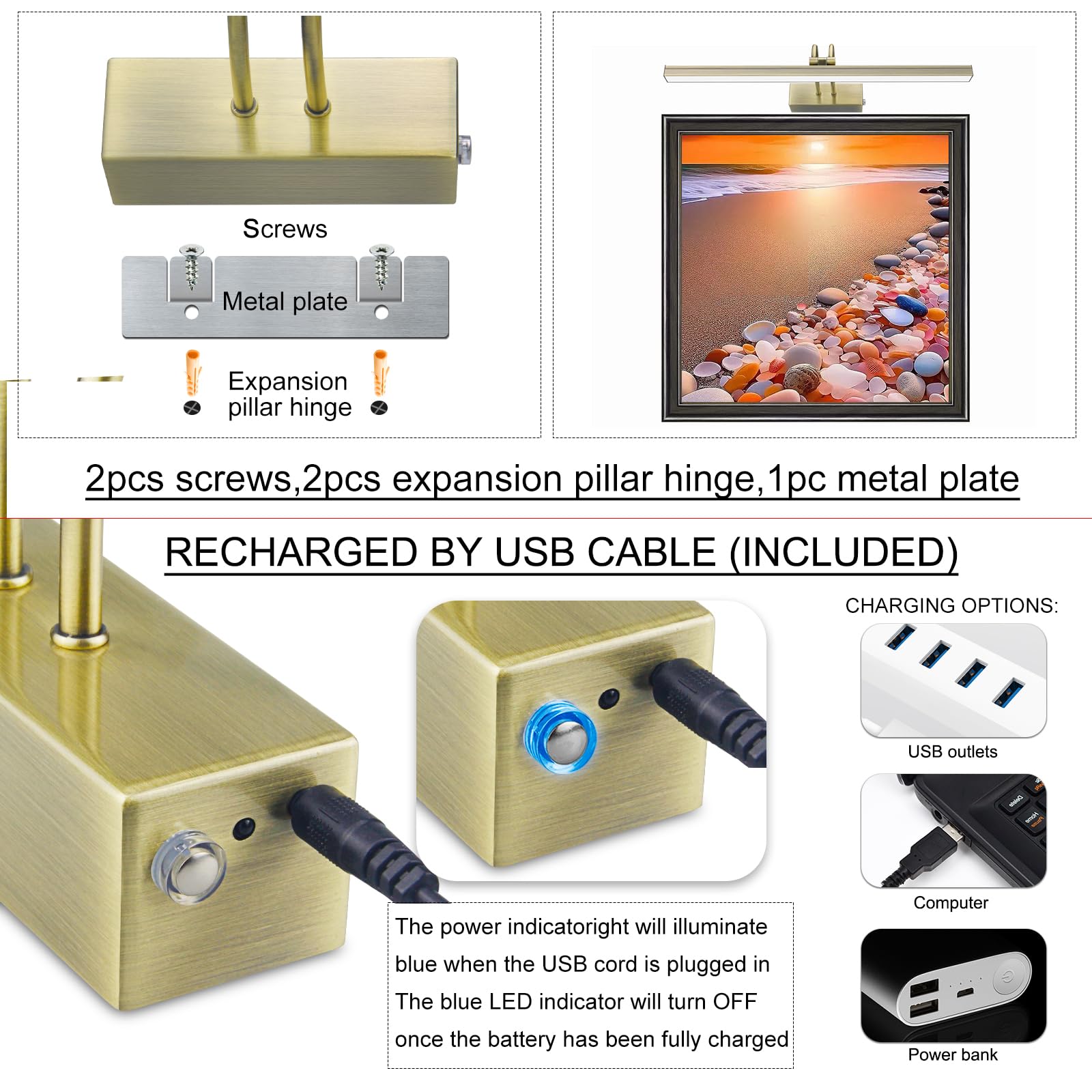 LEEQVHOOLL Wireless Picture Light, 16" Remote Control Art Lights for Paintings, 280LM Dimmable Rechargeable Gallery Light Battery Operated, Metal Wall Artworks Lighting (Antique Brass)