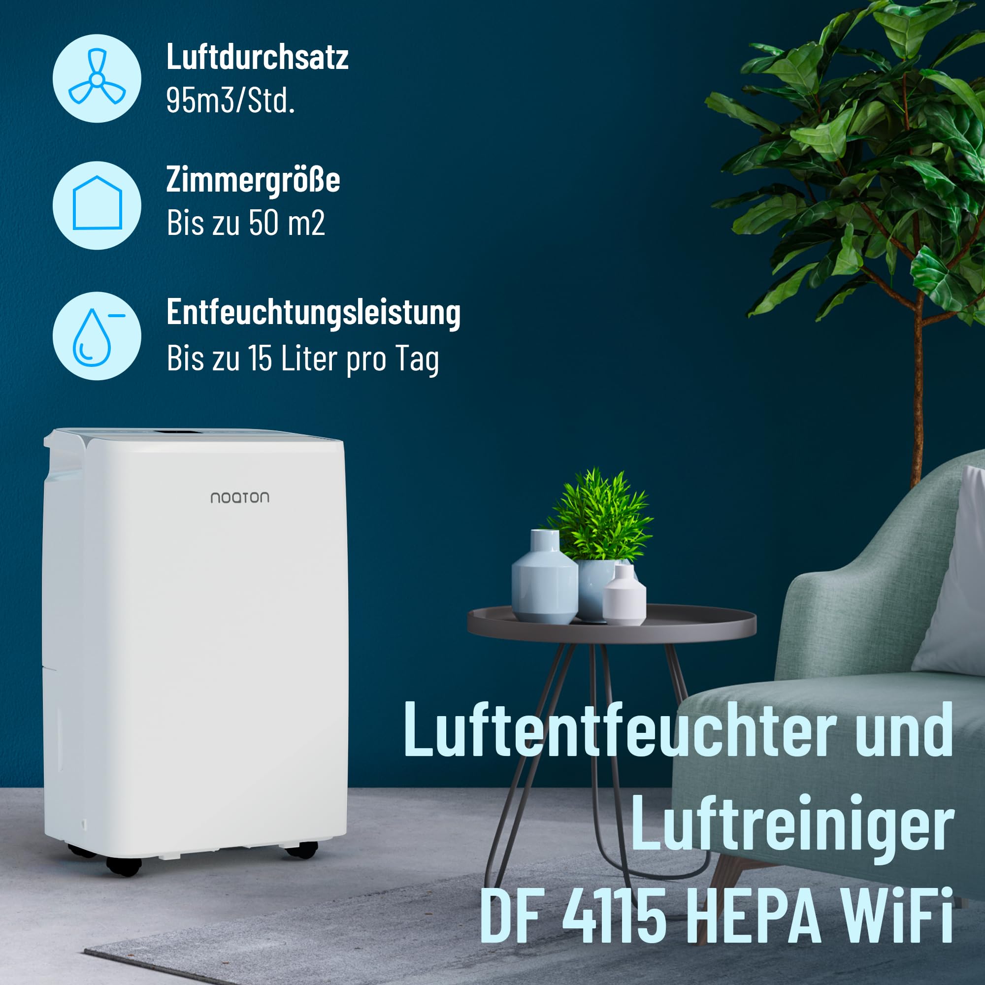 Noaton® DF 4115 WiFi HEPA Smart Luftentfeuchter und Luftreiniger, 15L/24H, 3 Jahre Garantie, 5 Modi, Leise, App, Timer, mit Ablaufschlauch, 2,2 L-Wassertank, für Raum 50 m2, Schlafmod