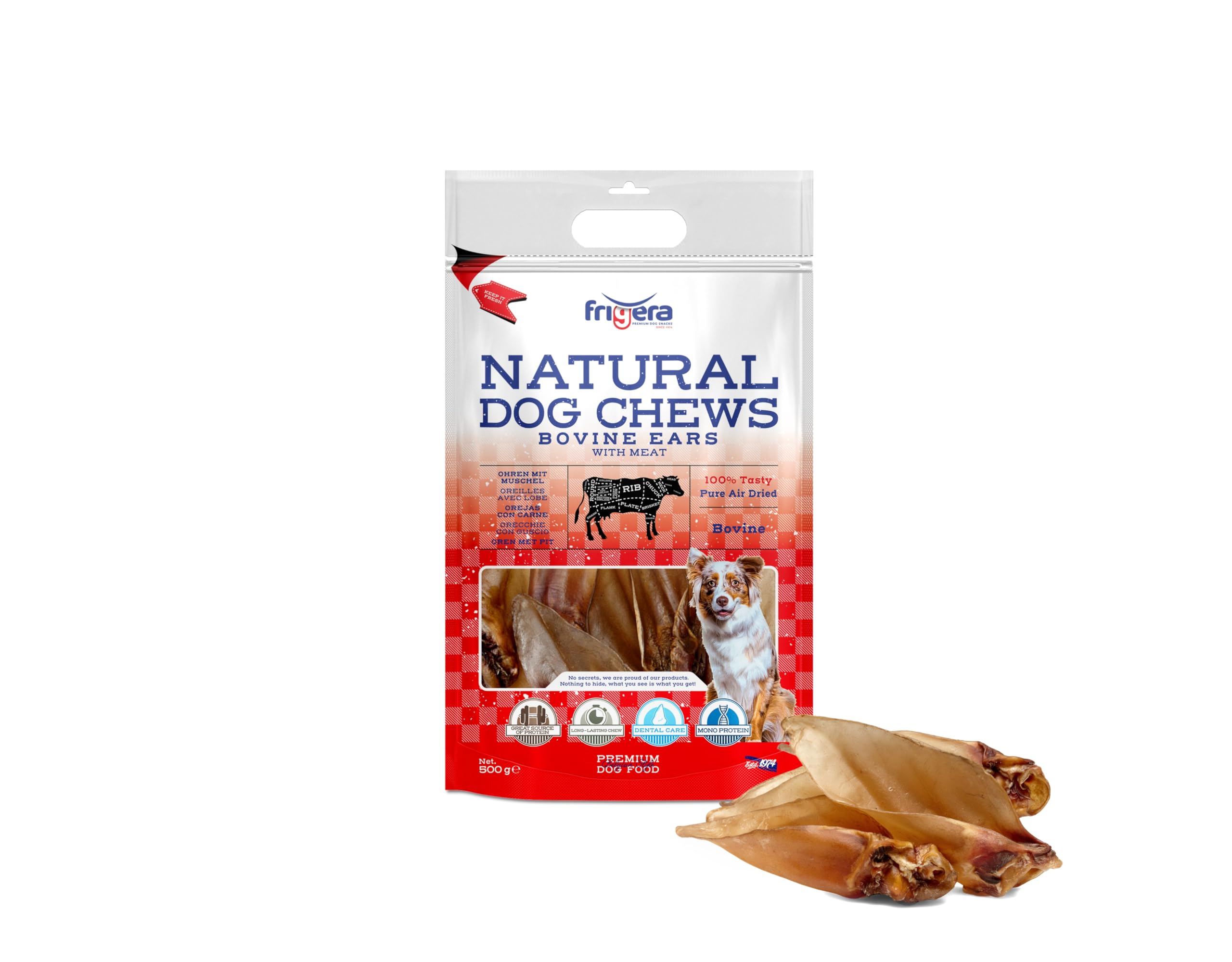 Frigera Orecchie di manzo con conchiglia, 500 g, naturali, ricchi di proteine, per cani, senza glutine e cereali, snack per cani di alta qualità senza additivi