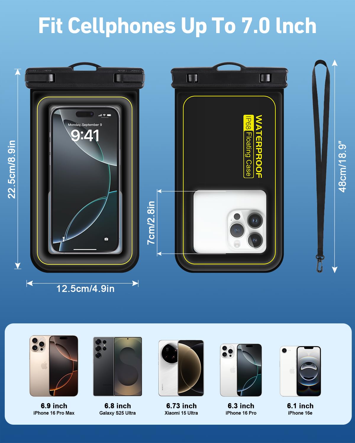 Bolsa impermeable flotante para teléfono, bolsa seca a prueba de agua, funda impermeable para iPhone Samsung Galaxy Google, paquete de 2, color negro