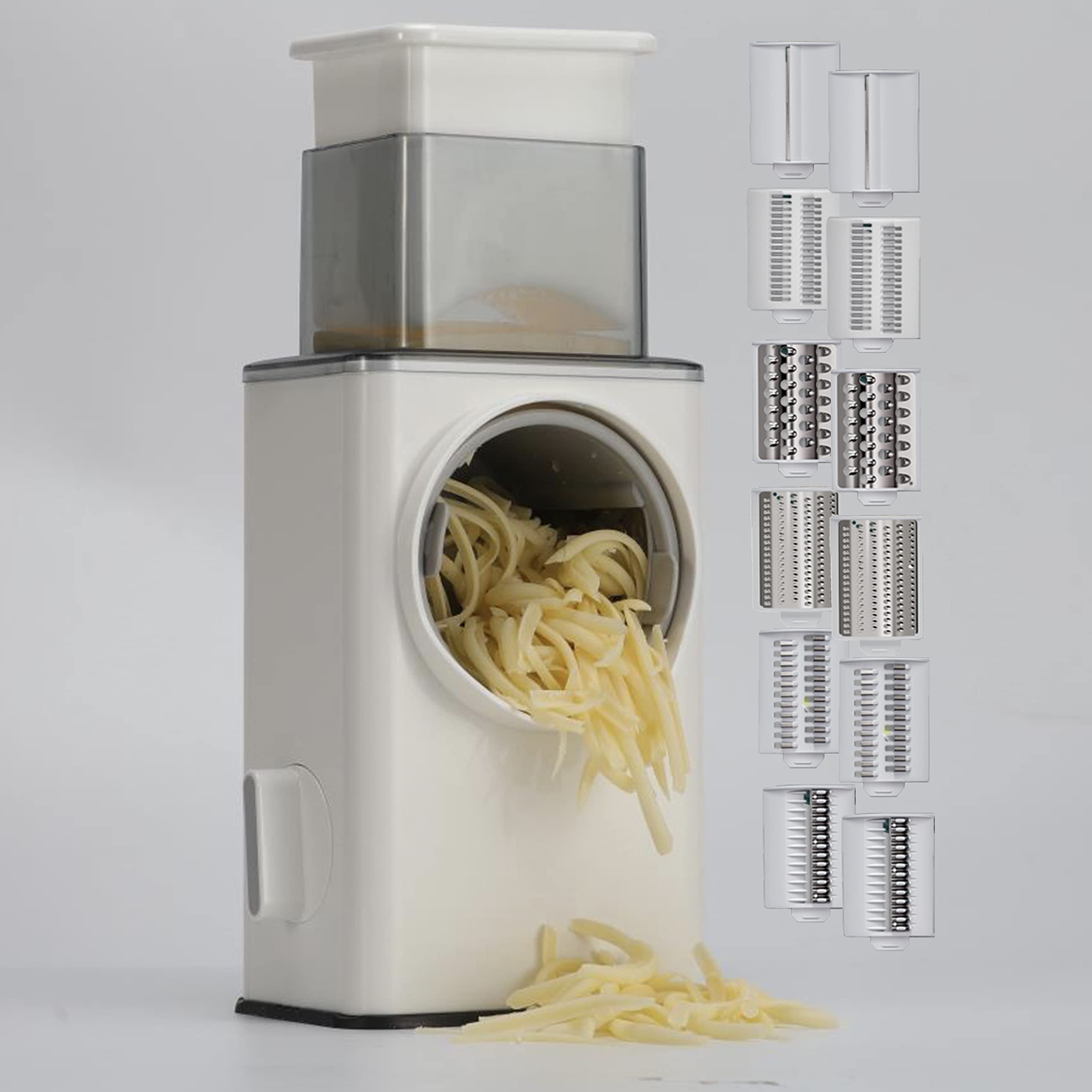 ERGONOW Rotary Vegetable Cutter + Cheese Grater - Vegetable Shredder Round Mandoline Slicer, Grater, Salad Maker - Suction Base - Vegetable, Fruit, Cookie, OREO, Nuts (6x2 Blades, White)