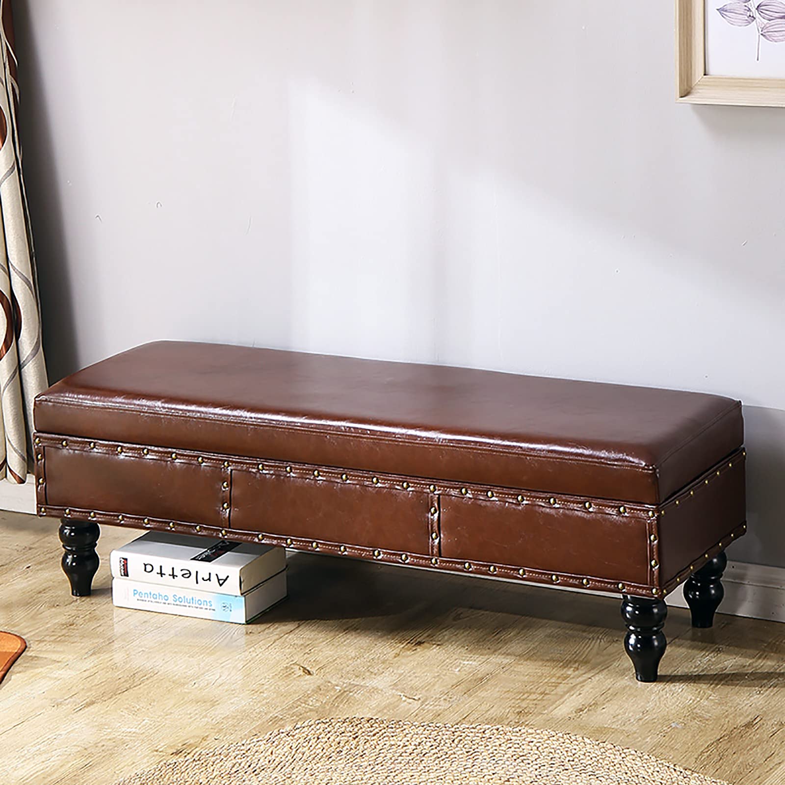 Tabouret à langer en similicuir marron 80 cm avec grand coffre discret