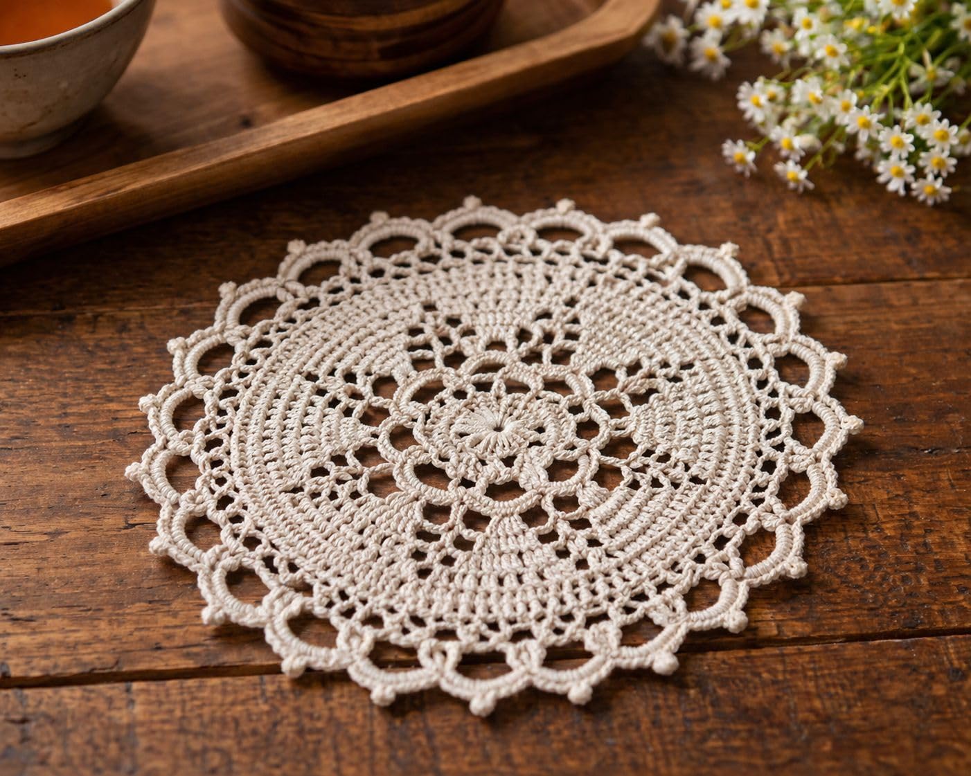 Crochet Coasters 8.4 Inch - Handcrafted Lace Tea Coaster Set of 2 for Cups & Mugs, Elegant Table Decor, Reusable Washable Round for Dining Table, Home, Office & Gifts-image-35