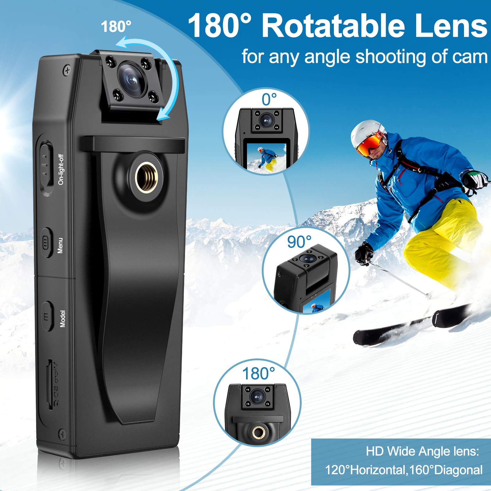 Bodycam Caméra corporelle avec Enregistrement Audio et vidéo, Grand Angle 1080P avec Clip arrière, Objectif 180°, détection de Mouvement de Vision Nocturne pour Un Enregistrement Quotidien/