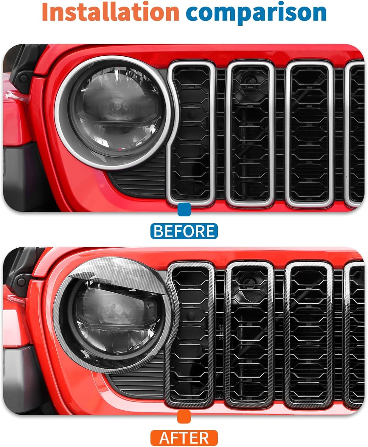 JeCar 9pcs Carbon Fiber Grill Inserts Headlight Covers Trim Kit for 2024 2025+ Jeep Wrangler JL JLU Gladiator JT