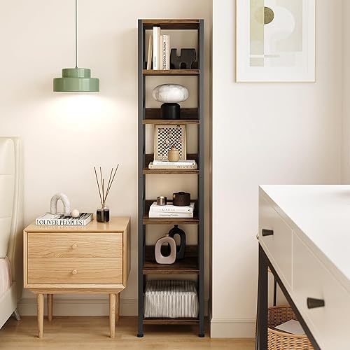 Miniatura 8 de IDEALHOUSE Estantería estrecha para libros, estante de almacenamiento alto y delgado de 6 niveles, estantes de pie con marco de metal, estantes de