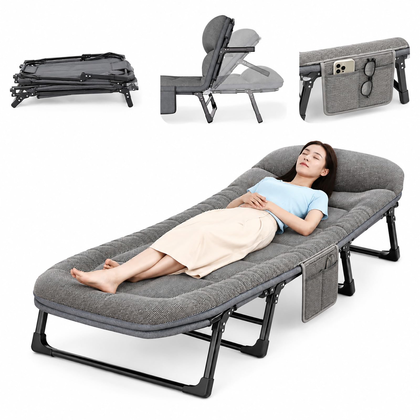 Folding Camping Cot with Mattress,6-Position Adjustable Lounge Chair