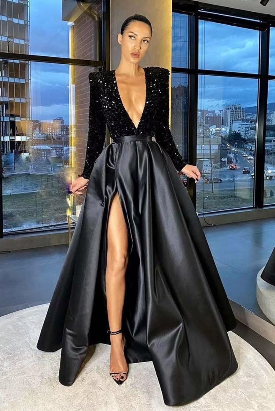 A-Line Prom Gown Bling Sequin Satin Ball Gown with Pockets Pleated Long Sleeve Formal Evening Dresses Deep V-Neck JS0008