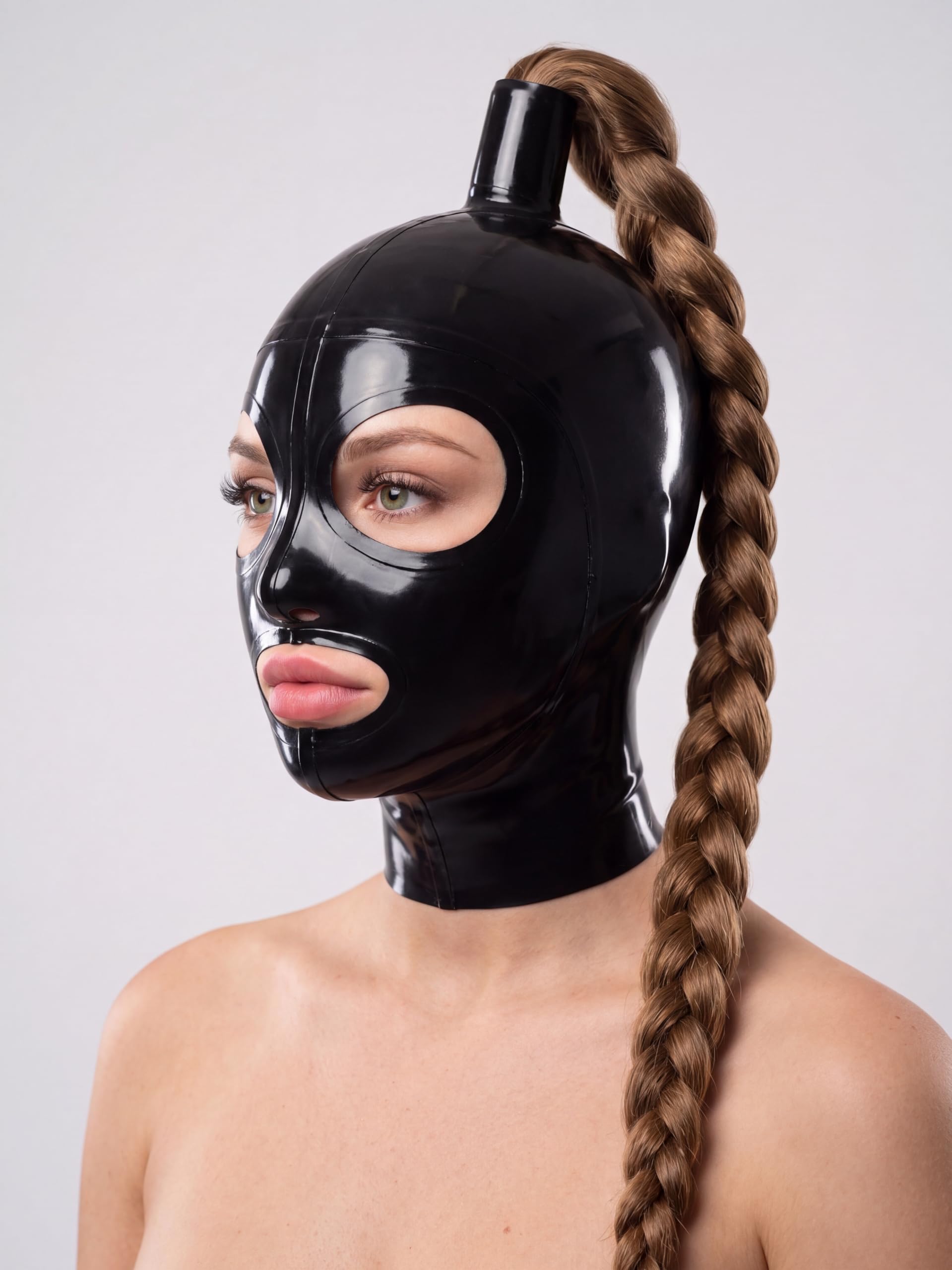 VH-P Latex-Maske mit braunem geflochtenem Haarzopf – Kopfmaske aus hochwertigem Naturlatex, Schwarz – für BDSM, Fetisch, Cosplay & Halloween