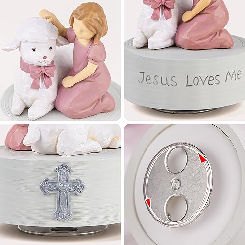 Miniatura 4 de Jesus Loves Me - Caja de música, figura musical de bautismo para niñas con cordero, regalo religioso pintado a mano para bebé cristiano, bautizo,