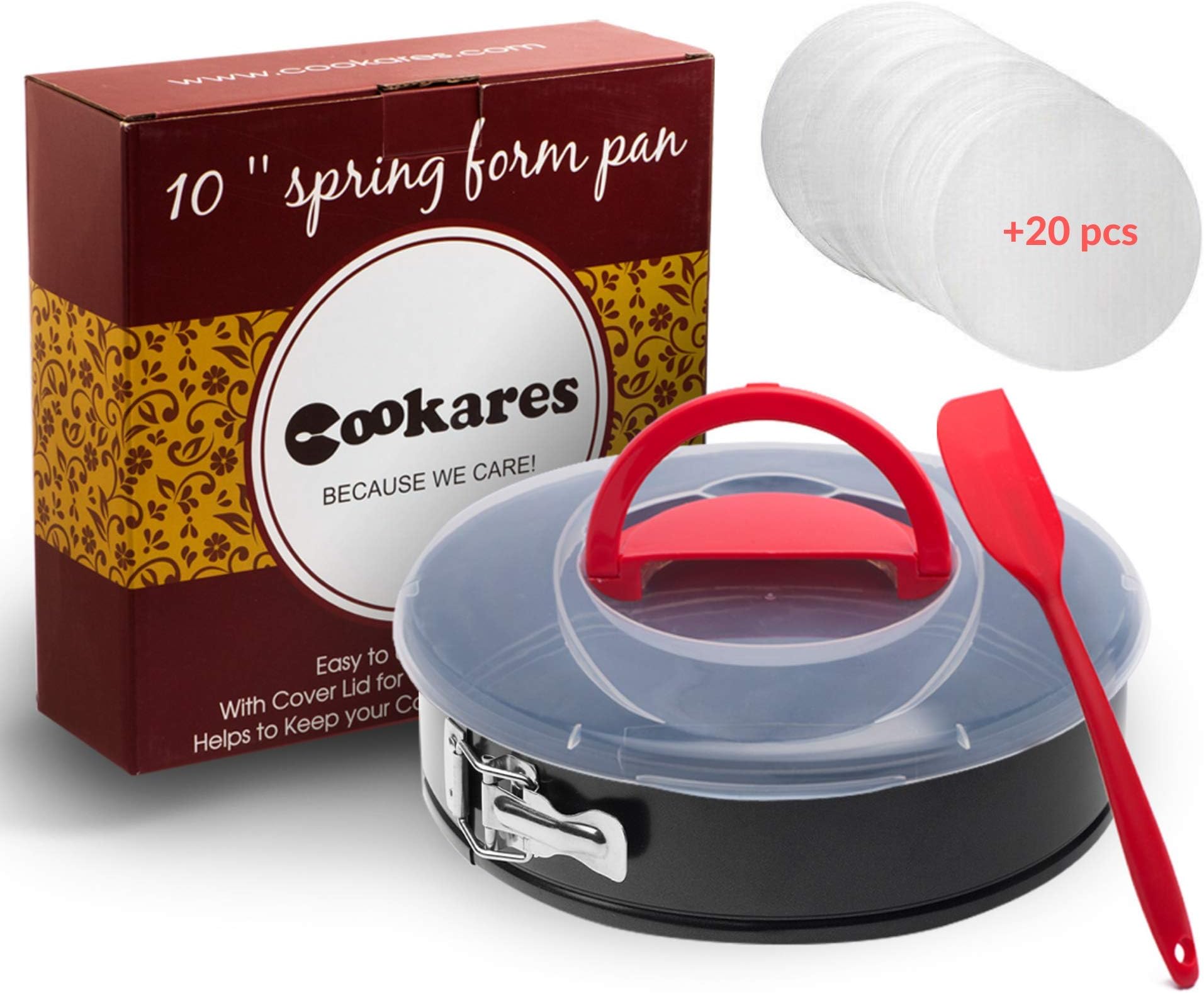 Springform Pan 10 Inch Non Stick - Premium Cheesecake pan carrier with Cover Lid Quick Release Removable Bottom - 10 springform pan with lid + Free Bonuses Silicone Spatula