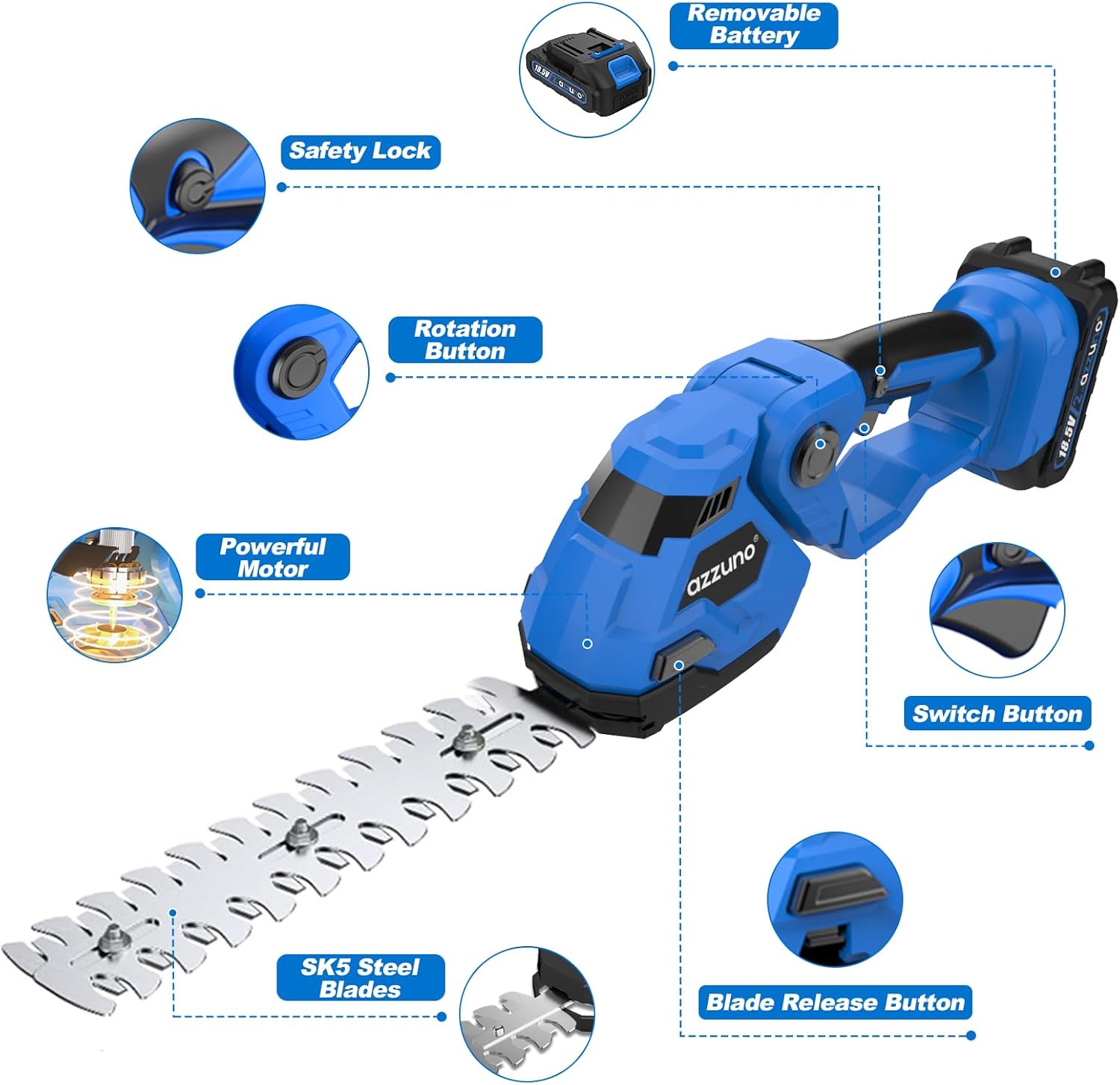 AZZUNO Cordless Hedge Trimmer, 21V Electric Grass Shears Shrubbery Trimmer with 2Ah Battery，2-in-1 Handheld Grass Cutter Shrub Trimmer for Gardens, Yards, Lawns, Including Charger(2 Batteries)