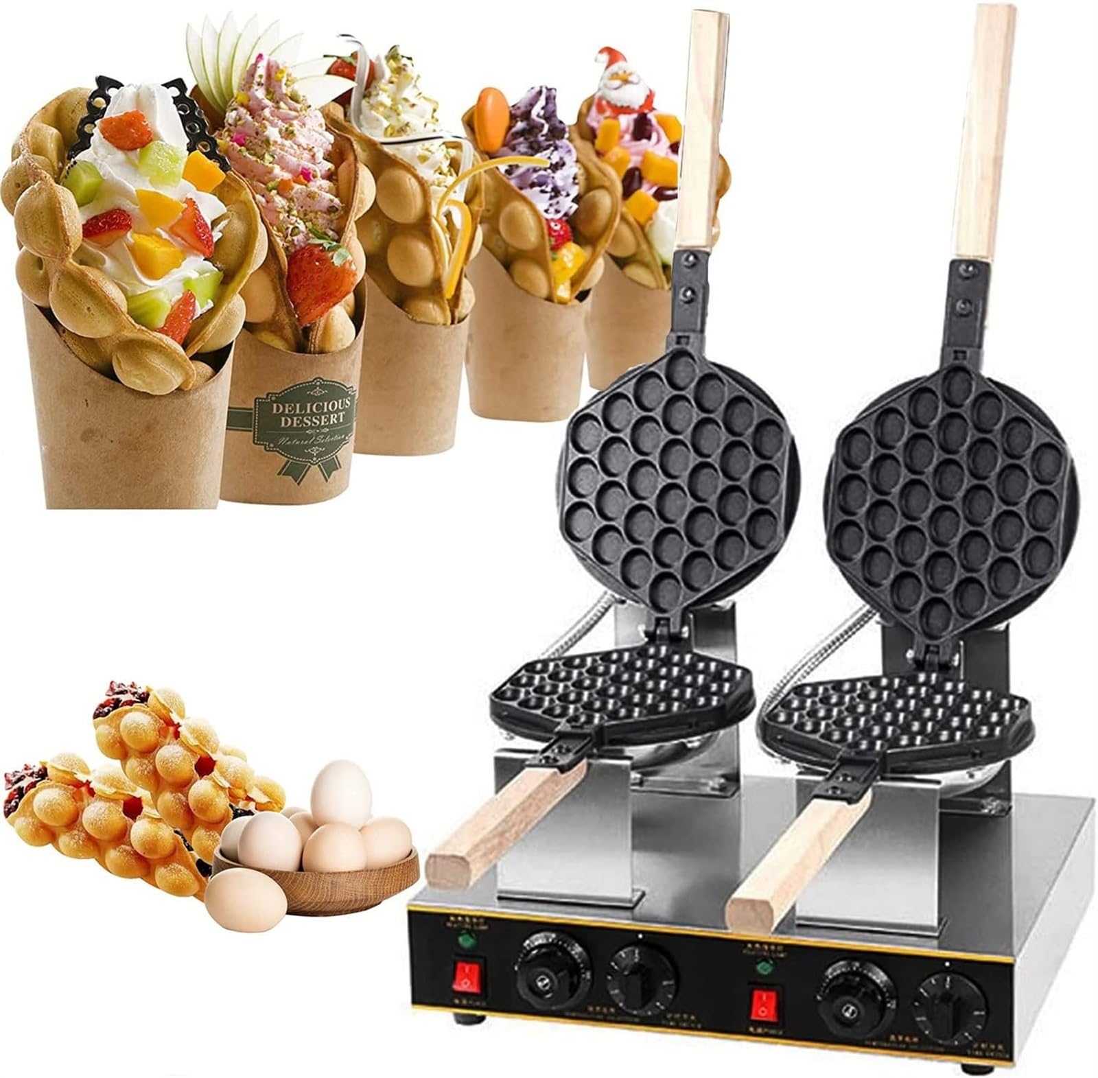 Forno rotativo per Waffle Professionale, Macchina per Waffle a Bolle d'uovo, Macchina Professionale per Torte a Bolle, Doppia Testa Girevole a 180° e Temperatura Regolabile 50-250℃,220v