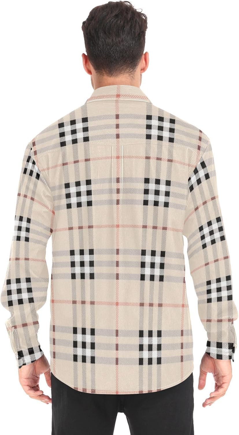 Black White Beige Checkered Plaid Woolen Cord Fabric Mens Rugby Shirts Long Sleeve for Women Business with Pockets