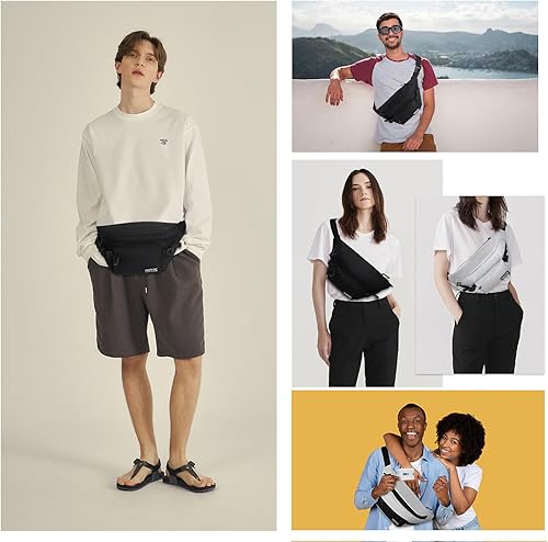 Miniatura 4 de Riñoneras para hombres y mujeres, bolsa de cintura cruzada delgada, bolsa antirrobo para viajar y entrenar (Negro-02, S)