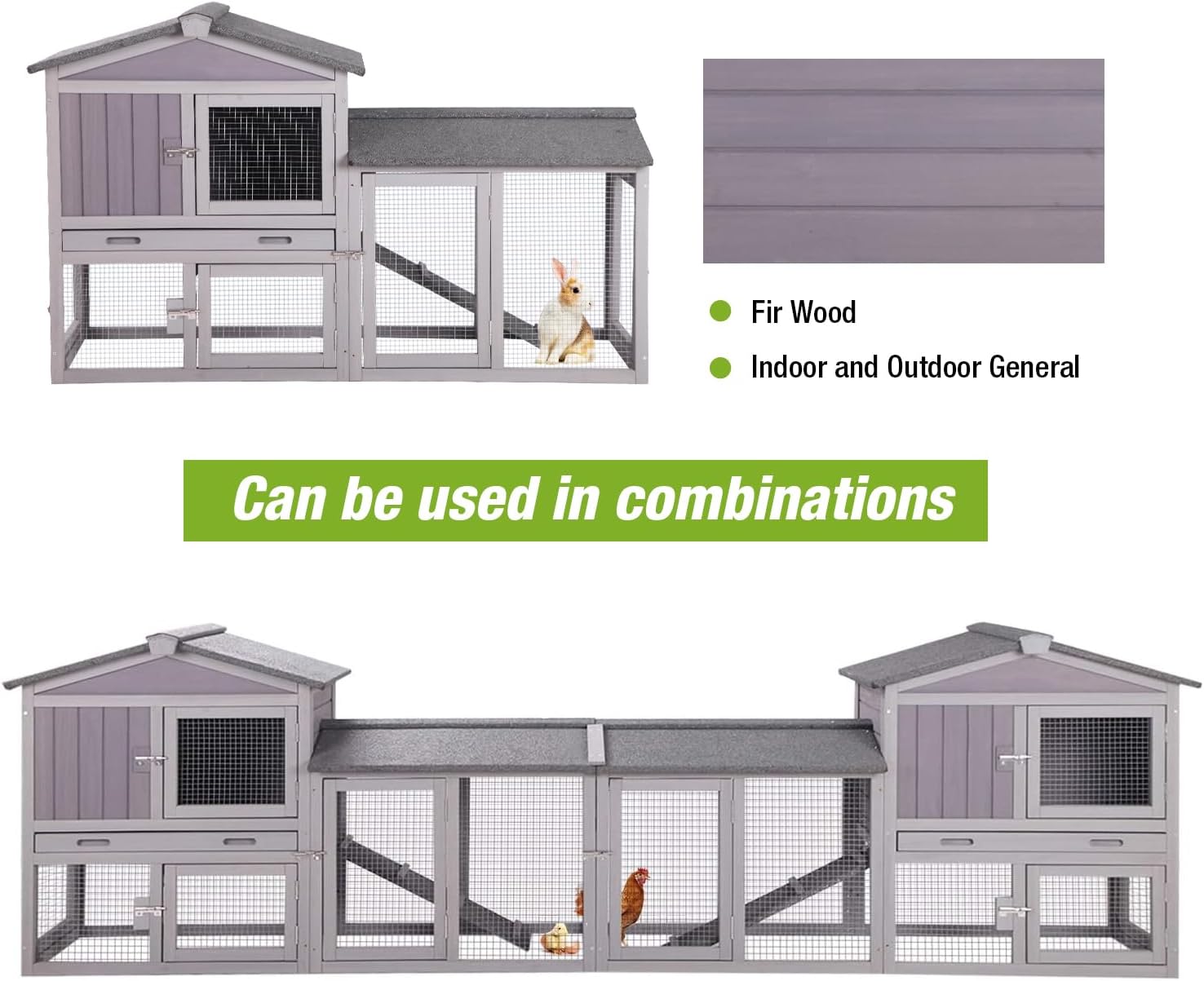 GUTINNEEN Rabbit Hutch Outdoor No Leak Plastic Tray Bunny Cage Indoor with Large Run Space Extensible Chicken Coop