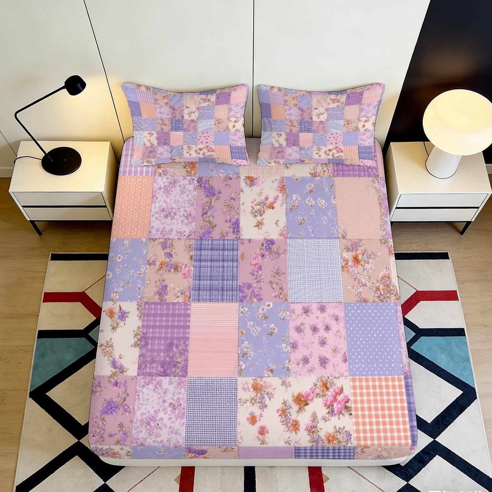 3D Printed Patchwork Floral Fitted Sheet Microfiber Soft Pastel Purple Pink Bed Cover for Bedroom Guest Room Decor 90x200x25cm